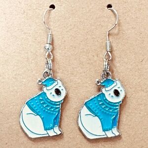 Handcrafted Enamel Dangle Earrings Polar Bear Charms Stainless Steel Hooks